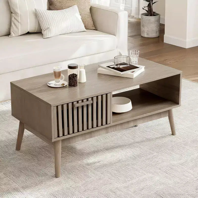 Tavolino da Caffè da 100 cm con Cassetto e Ripiano Aperto, Tavolo Centrale Rettangolare a 2 Livelli Stile Moderno di Metà Secolo per Soggiorno