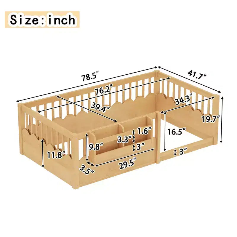 Struttura letto Montessori in legno Twin/Full/King con sponda rialzata e libreria, letto a basso profilo per bambini