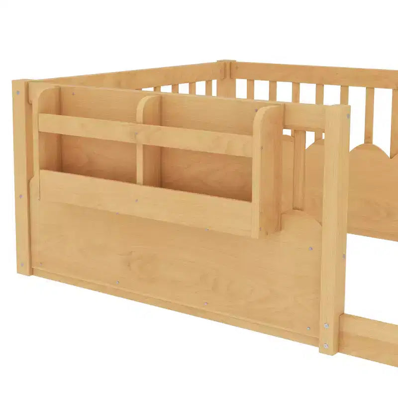 Struttura letto Montessori in legno Twin/Full/King con sponda rialzata e libreria, letto a basso profilo per bambini