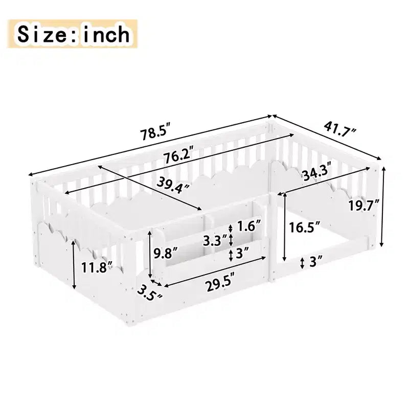 Struttura letto Montessori in legno Twin/Full/King con sponda rialzata e libreria, letto a basso profilo per bambini