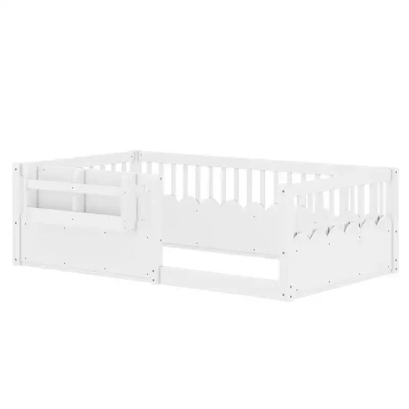 Struttura letto Montessori in legno Twin/Full/King con sponda rialzata e libreria, letto a basso profilo per bambini