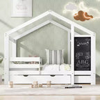 Letto a capanna a grandezza naturale con lavagna e cassetti, due opzioni di montaggio, struttura letto con spondine, non è necessario il box spring, design salvaspazio