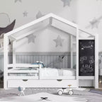 Letto a capanna a grandezza naturale con lavagna e cassetti, due opzioni di montaggio, struttura letto con spondine, non è necessario il box spring, design salvaspazio
