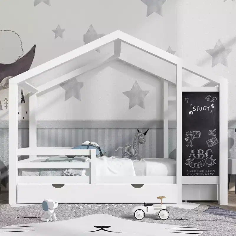 Letto a capanna a grandezza naturale con lavagna e cassetti, due opzioni di montaggio, struttura letto con spondine, non è necessario il box spring, design salvaspazio
