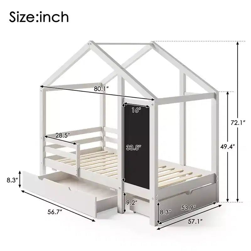 Letto a capanna a grandezza naturale con lavagna e cassetti, due opzioni di montaggio, struttura letto con spondine, non è necessario il box spring, design salvaspazio