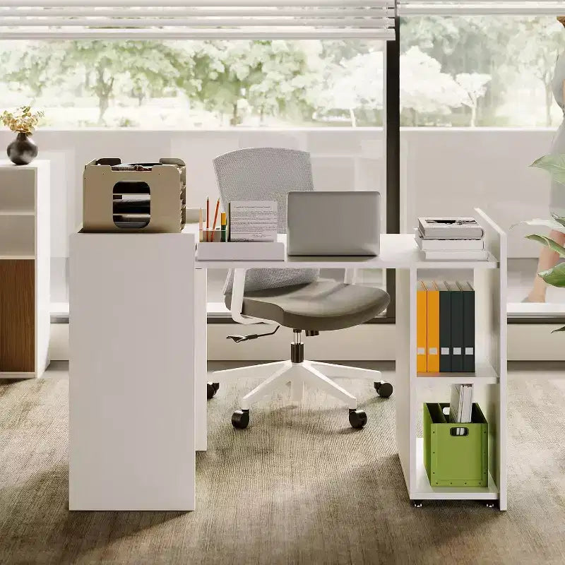 Scrivania Pieghevole Bianca con Scaffali Contenitori - Tavolo Allungabile Salvaspazio per Casa, Ufficio e Gaming