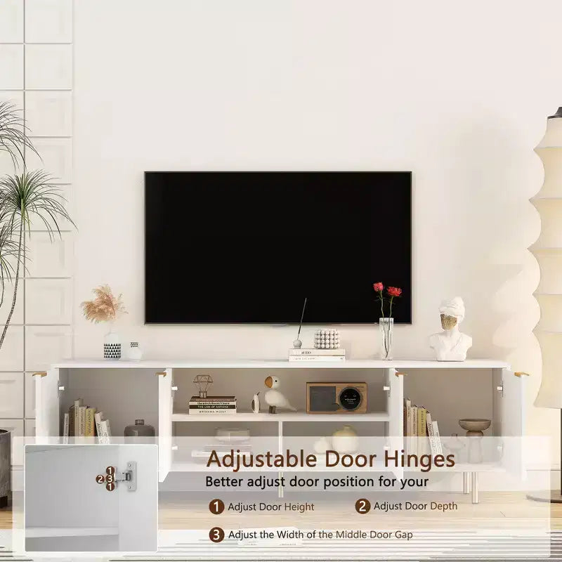 Mobile TV moderno da 68 pollici con scanalature, ante contenitore e ripiani per dispositivi multimediali, adatto a TV da 55 pollici e oltre, ideale per soggiorni, bianco