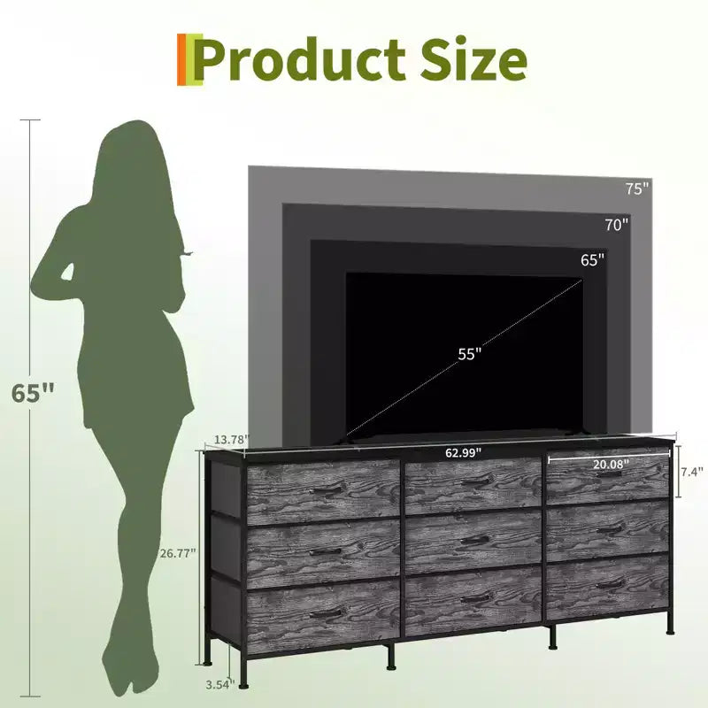 Mobile TV da 63 pollici con 9 cassetti portaoggetti, consolle TV con piano in legno e mobile d'appoggio per TV fino a 75 pollici