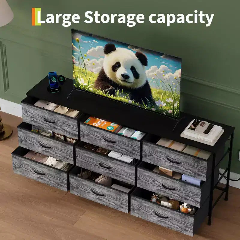 Mobile TV da 63 pollici con 9 cassetti portaoggetti, consolle TV con piano in legno e mobile d'appoggio per TV fino a 75 pollici