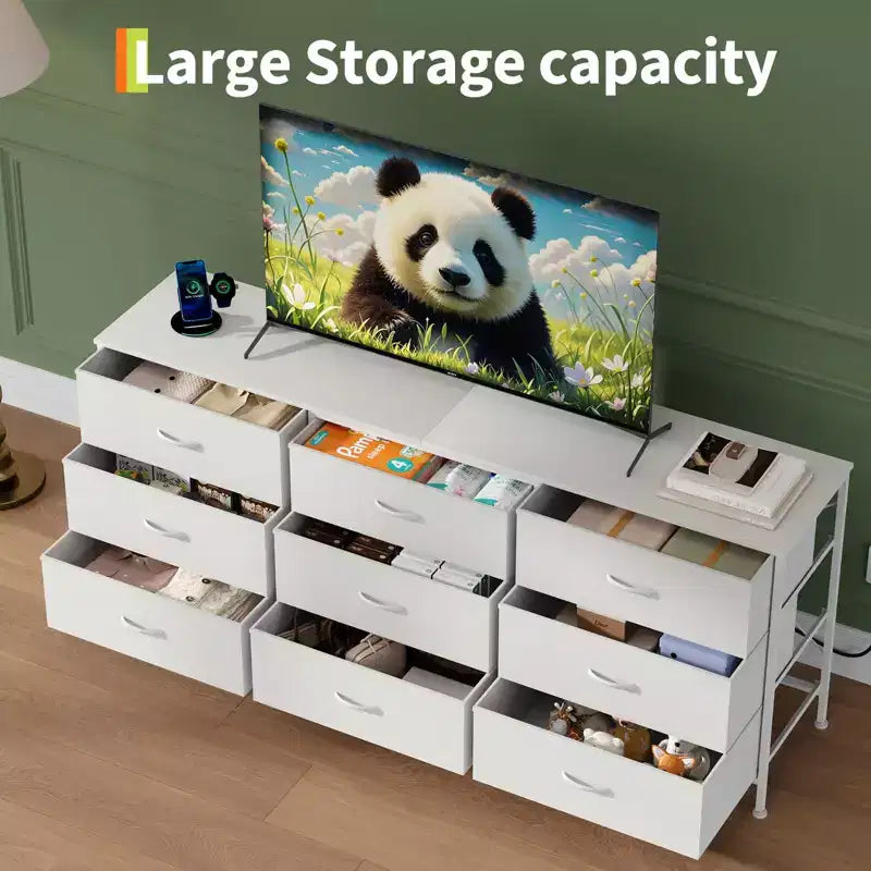 Mobile TV da 63 pollici con 9 cassetti portaoggetti, consolle TV con piano in legno e mobile d'appoggio per TV fino a 75 pollici