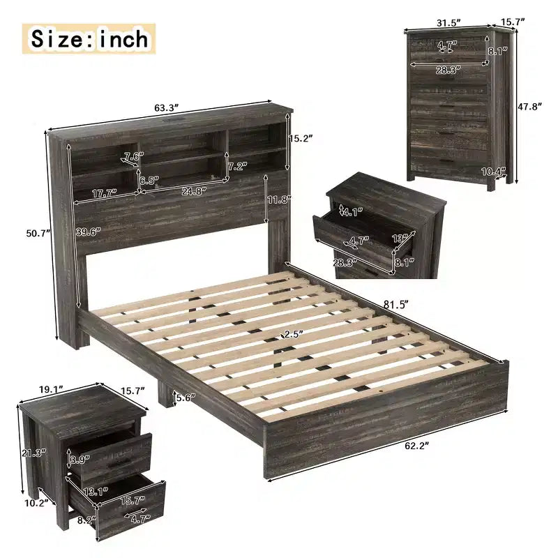 Set 4 pezzi per camera da letto, letto matrimoniale con testiera contenitore, 2 comodini e 1 cassettiera