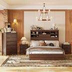 Set 4 pezzi per camera da letto, letto matrimoniale con testiera contenitore, 2 comodini e 1 cassettiera