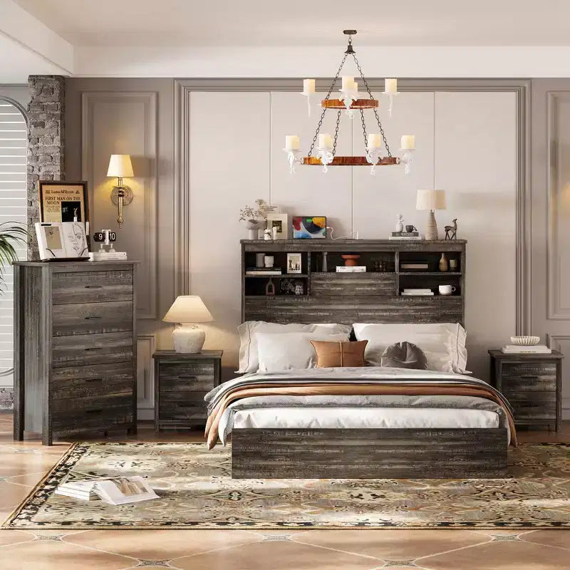 Set 4 pezzi per camera da letto, letto matrimoniale con testiera contenitore, 2 comodini e 1 cassettiera