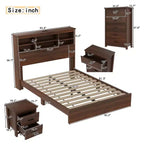 Set 4 pezzi per camera da letto, letto matrimoniale con testiera contenitore, 2 comodini e 1 cassettiera