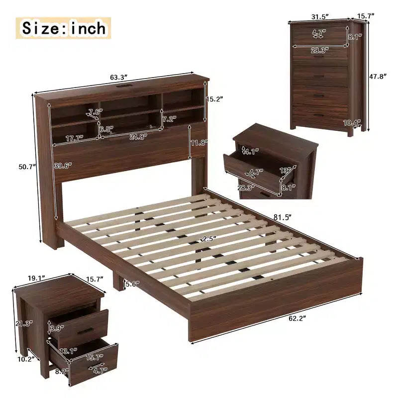 Set 4 pezzi per camera da letto, letto matrimoniale con testiera contenitore, 2 comodini e 1 cassettiera