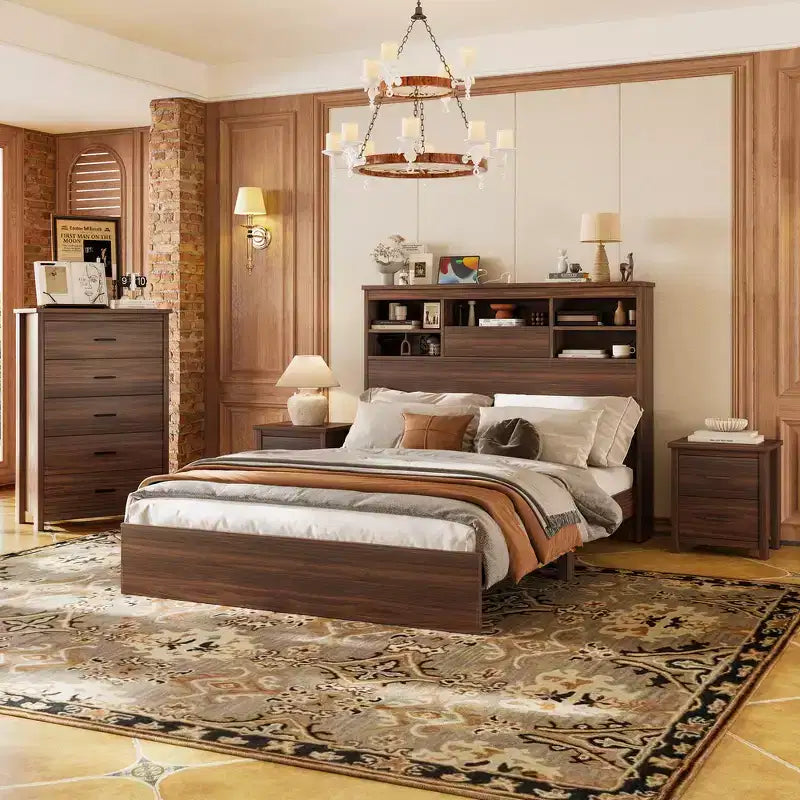 Set 4 pezzi per camera da letto, letto matrimoniale con testiera contenitore, 2 comodini e 1 cassettiera