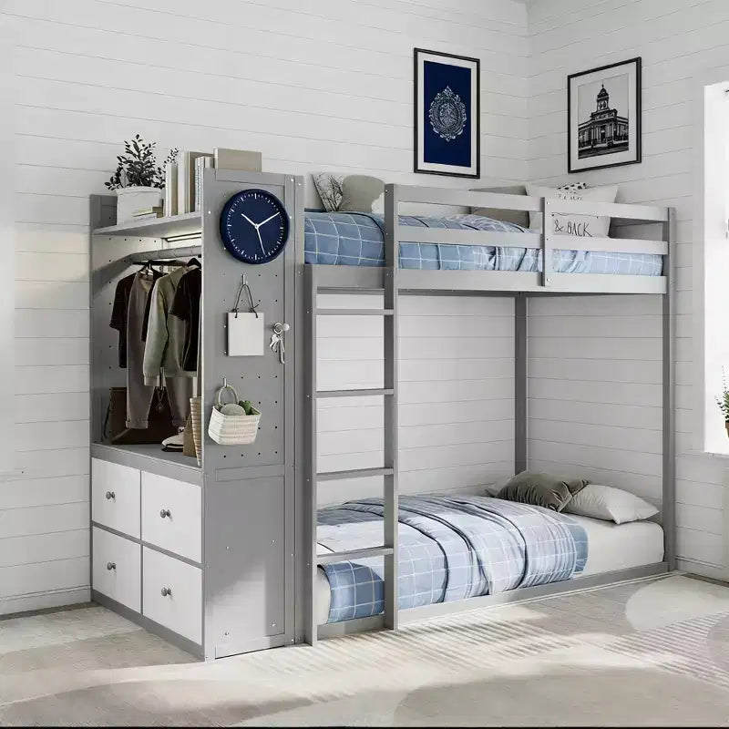 Letto a castello doppio con cassettiera illuminata, appendiabiti e cassetti portaoggetti