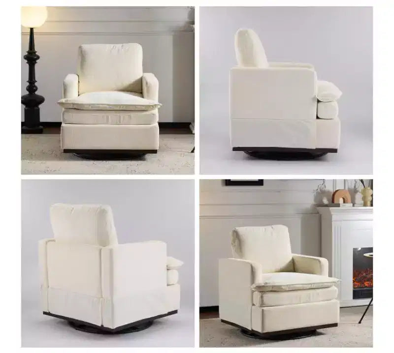 Moderna Poltrona Imbottita Comoda con Cuscino Schienale, Poltrona Girevole Quadrata a Botte a 360 Gradi per Soggiorno Beige