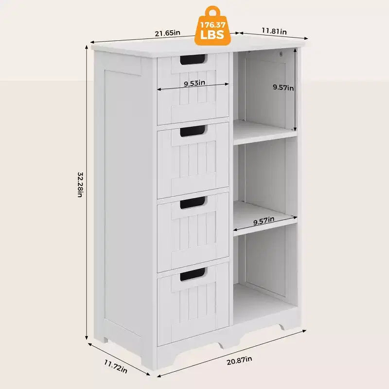 Mobiletto contenitore a 4 cassetti autoportante con ripiano aperto, armadietto da pavimento in legno per ingresso, bagno, camera da letto e soggiorno