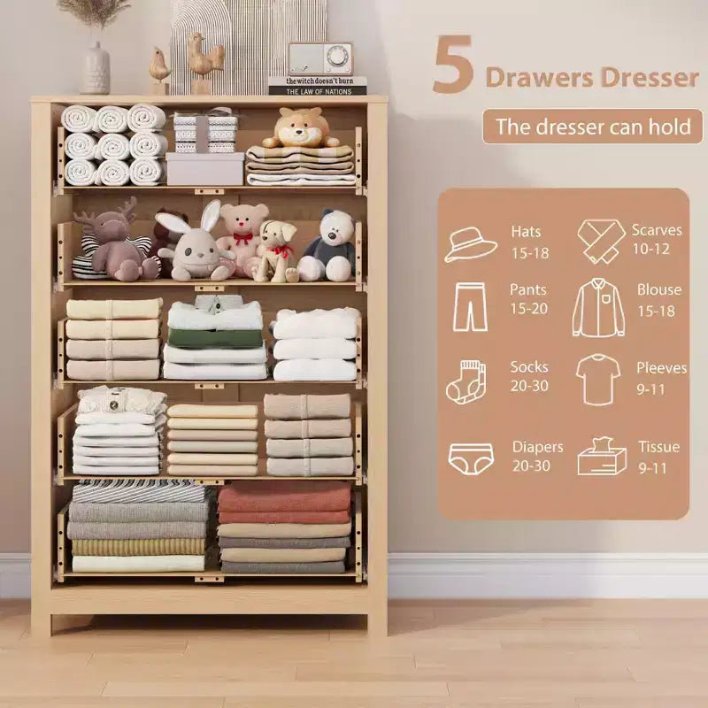 Cassettiera con 5 cassetti, in legno, alta, cassettiera alta con 5 cassetti per camera da letto e soggiorno, colore rovere