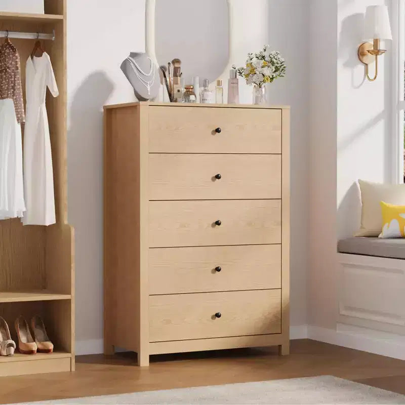 Cassettiera con 5 cassetti, in legno, alta, cassettiera alta con 5 cassetti per camera da letto e soggiorno, colore rovere