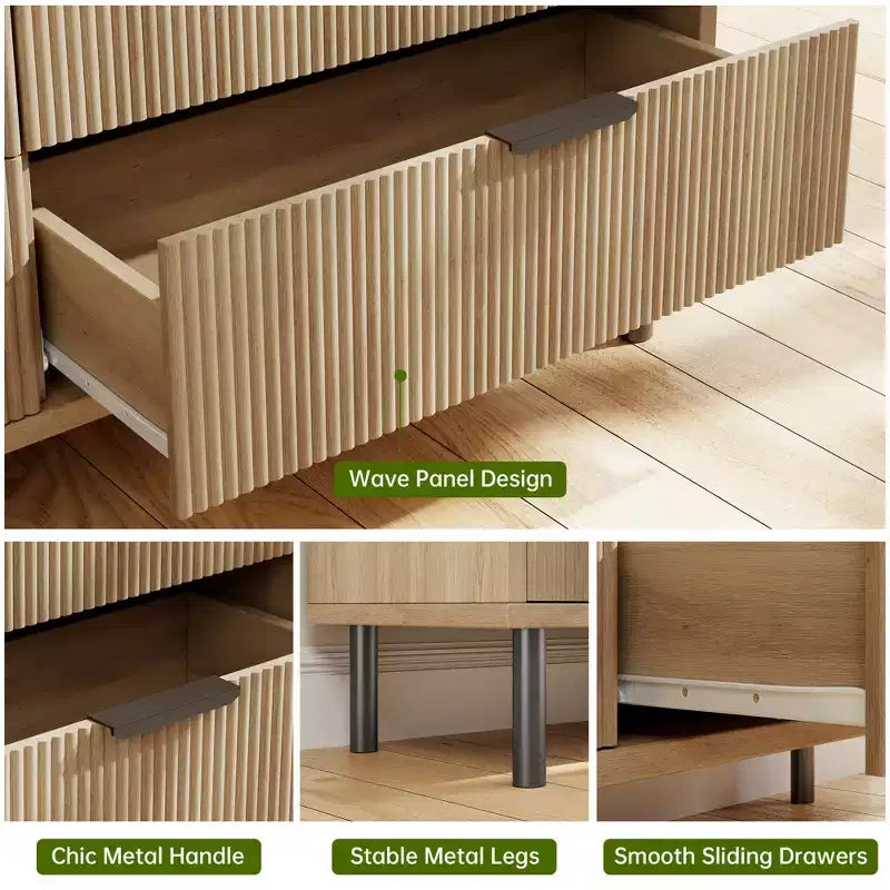 Comò moderno in legno scanalato - 6 ampi cassetti - Design antiribaltamento e gambe in metallo - Maniglie eleganti - Perfetto per camera da letto, soggiorno