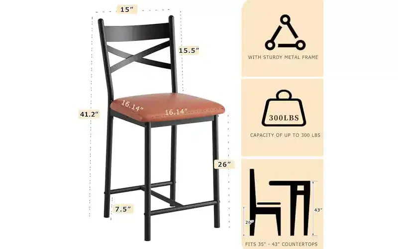 Set di 2 sgabelli da bar, sedie da bar in metallo altezza bancone con schienale e cuscino spesso, sedute imbottite per isola cucina, moderno marrone