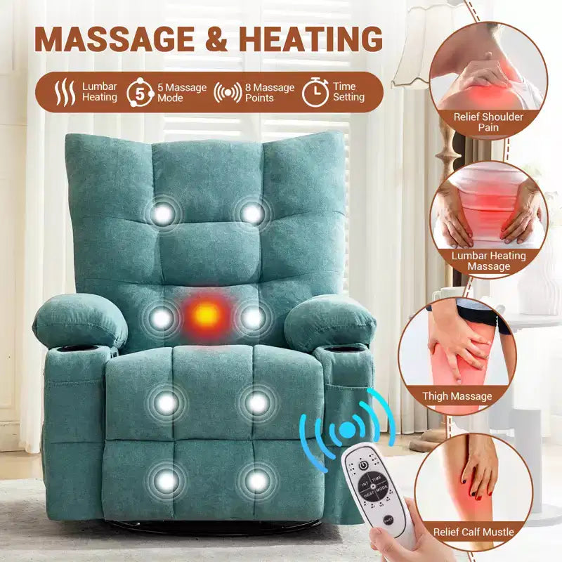 Poltrona reclinabile a dondolo girevole con funzione riscaldante e massaggiante - Recliner a dondolo a 360° con portabicchieri e tasca laterale - Divano singolo ergonomico, blu