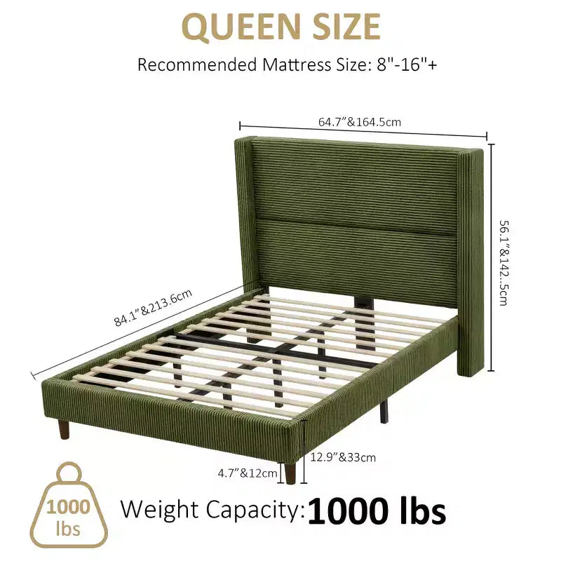 Struttura letto matrimoniale Queen in velluto a coste, struttura letto moderna con testiera alettata alta 142 cm, non richiede rete a molle, facile da montare