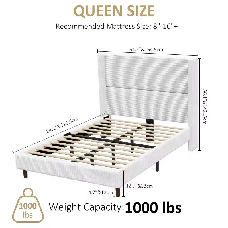Struttura letto matrimoniale Queen in velluto a coste, struttura letto moderna con testiera alettata alta 142 cm, non richiede rete a molle, facile da montare
