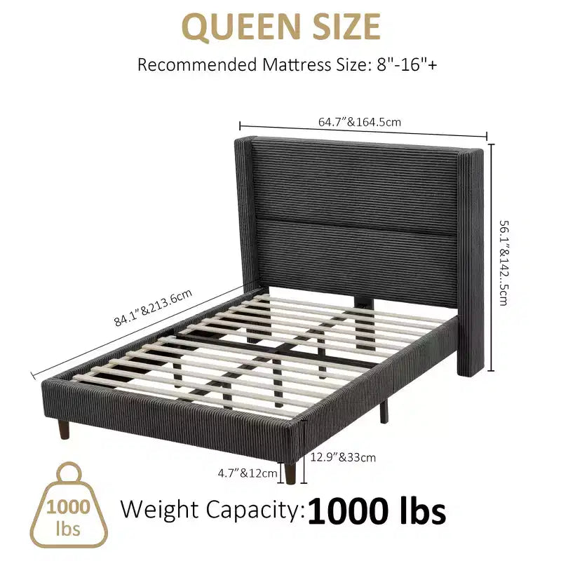 Struttura letto matrimoniale Queen in velluto a coste, struttura letto moderna con testiera alettata alta 142 cm, non richiede rete a molle, facile da montare