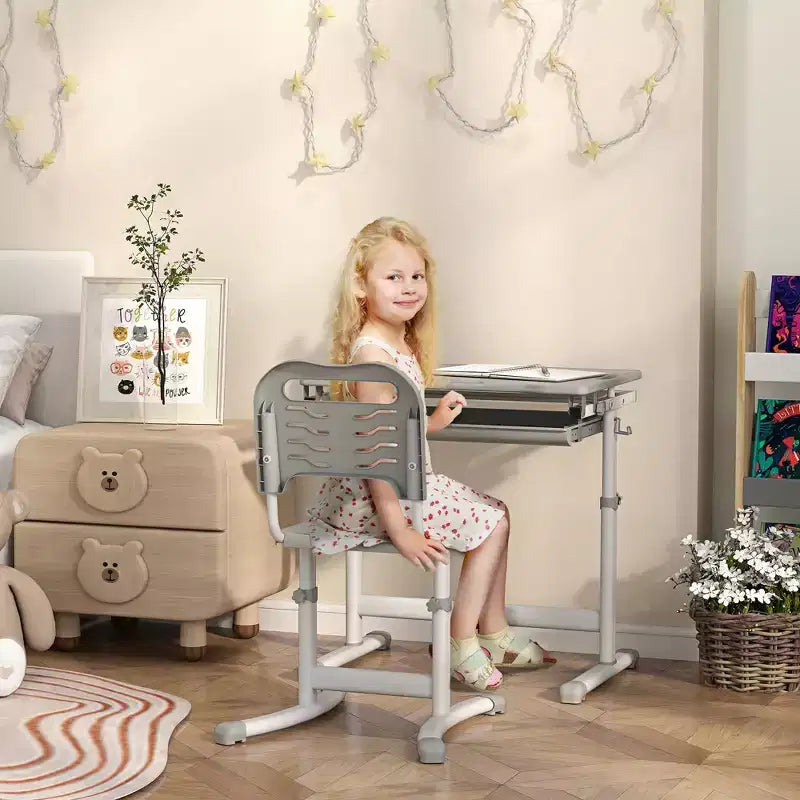 Set scrivania e sedia per bambini regolabili in altezza con desktop inclinabile e cassetto Grigio