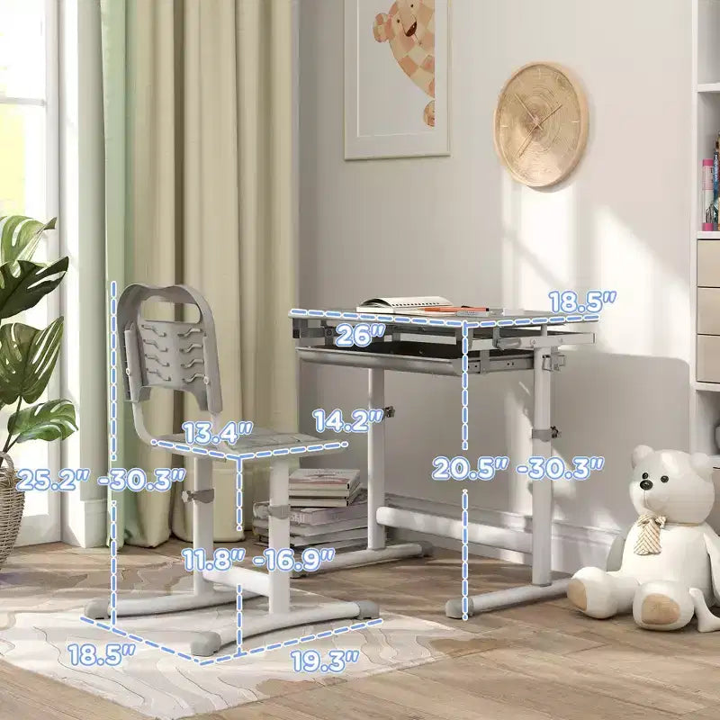 Set scrivania e sedia per bambini regolabili in altezza con desktop inclinabile e cassetto Grigio