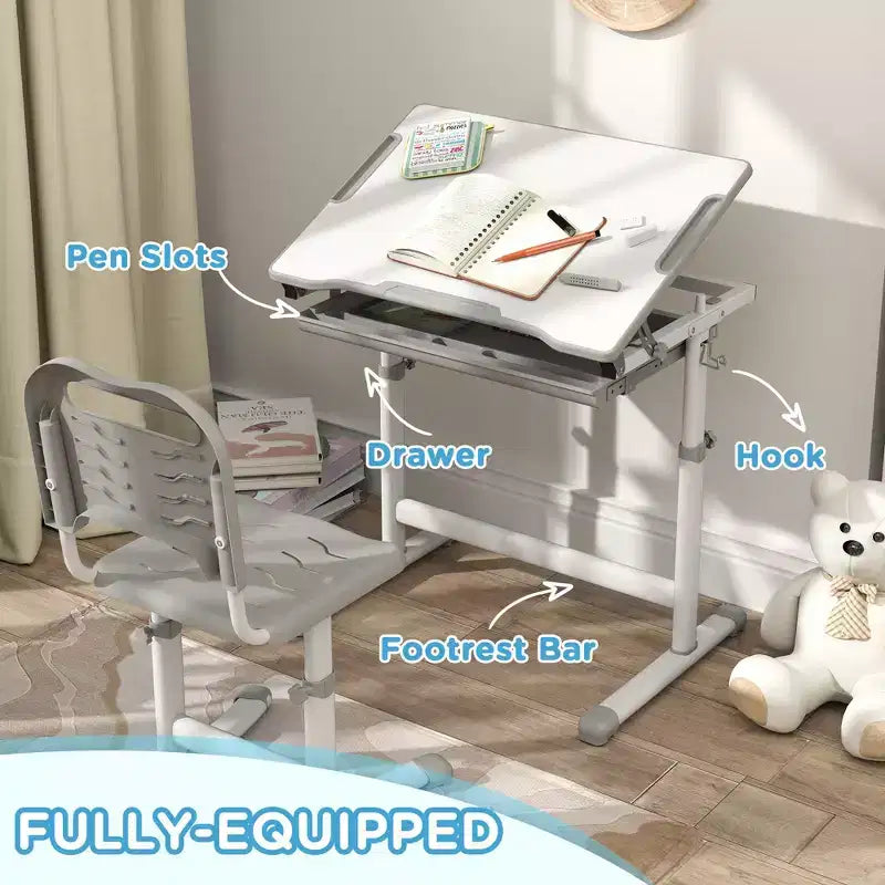 Set scrivania e sedia per bambini regolabili in altezza con desktop inclinabile e cassetto Grigio