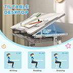 Set scrivania e sedia per bambini regolabili in altezza con desktop inclinabile e cassetto Grigio