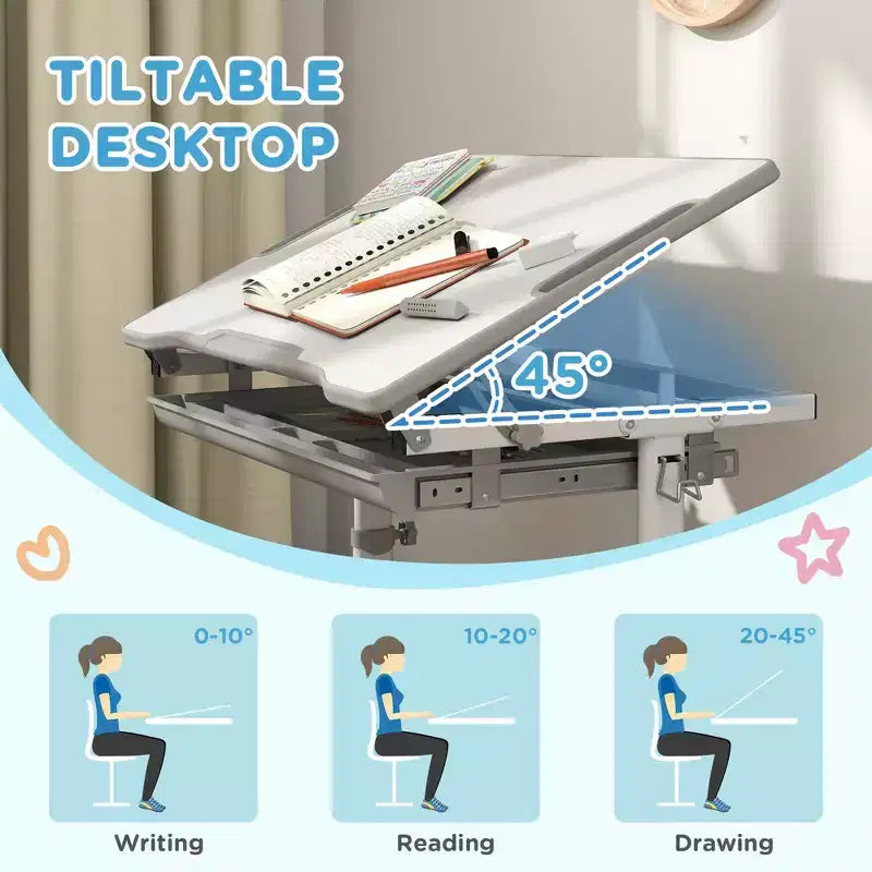 Set scrivania e sedia per bambini regolabili in altezza con desktop inclinabile e cassetto Grigio
