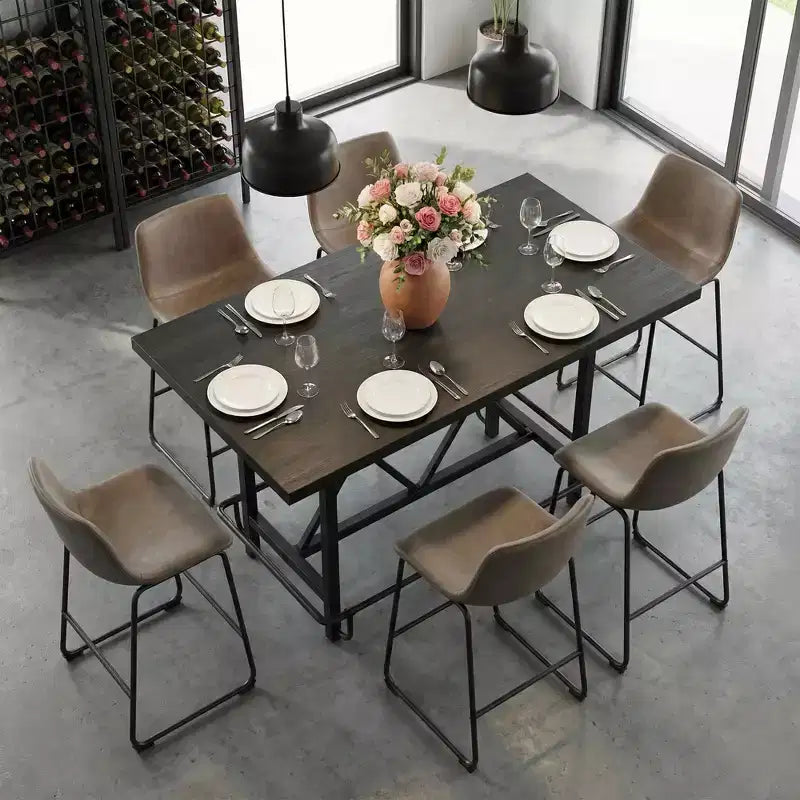 Tavolo da pranzo industriale alto 63 cm, 6 posti, piano rustico in legno e gambe in metallo con poggiapiedi, tavolo da cucina e da lavoro multiuso