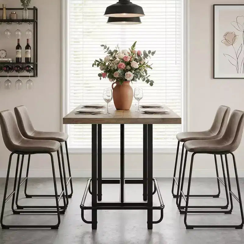 Tavolo da pranzo industriale alto 63 cm, 6 posti, piano rustico in legno e gambe in metallo con poggiapiedi, tavolo da cucina e da lavoro multiuso