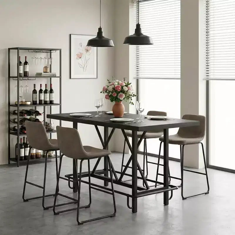 Tavolo da pranzo industriale alto 63 cm, 6 posti, piano rustico in legno e gambe in metallo con poggiapiedi, tavolo da cucina e da lavoro multiuso