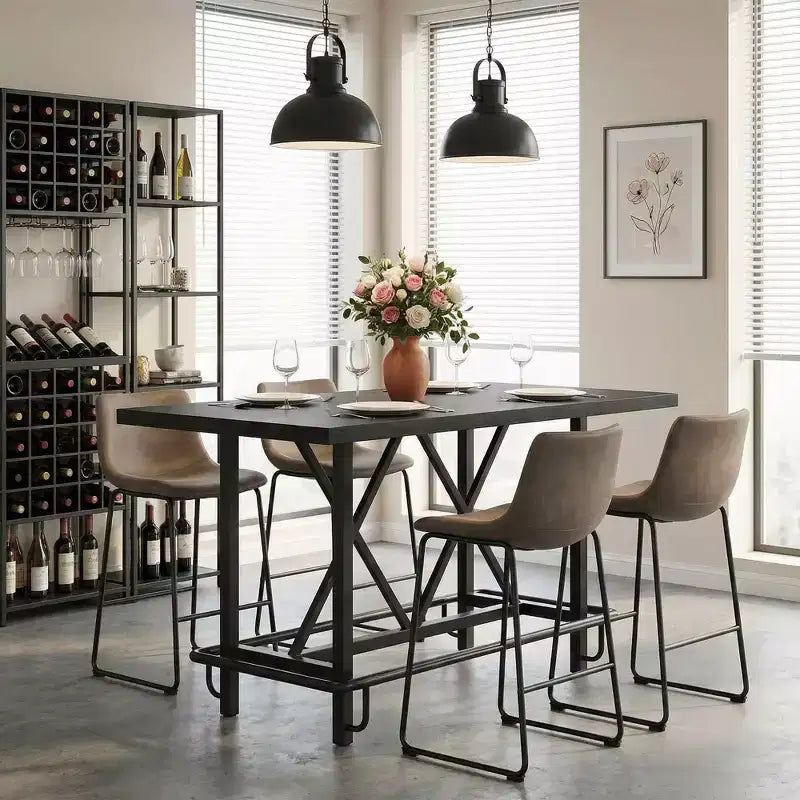 Tavolo da pranzo industriale alto 63 cm, 6 posti, piano rustico in legno e gambe in metallo con poggiapiedi, tavolo da cucina e da lavoro multiuso