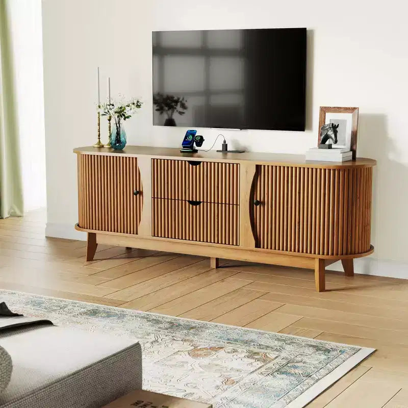 Mobile porta TV Mid-Century Modern con 2 cassetti e ripiani regolabili, consolle TV in legno con presa di corrente per centro di intrattenimento del soggiorno