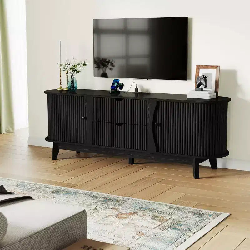 Mobile porta TV Mid-Century Modern con 2 cassetti e ripiani regolabili, consolle TV in legno con presa di corrente per centro di intrattenimento del soggiorno