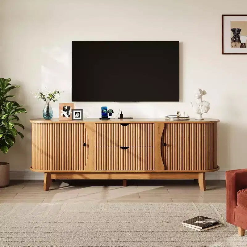 Mobile porta TV Mid-Century Modern con 2 cassetti e ripiani regolabili, consolle TV in legno con presa di corrente per centro di intrattenimento del soggiorno