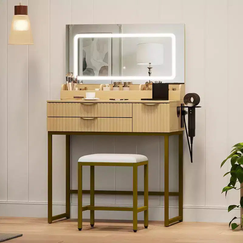 Toeletta con specchio e luci, specchio con LED integrati, ampi cassetti portaoggetti per cosmetici e prodotti da bagno