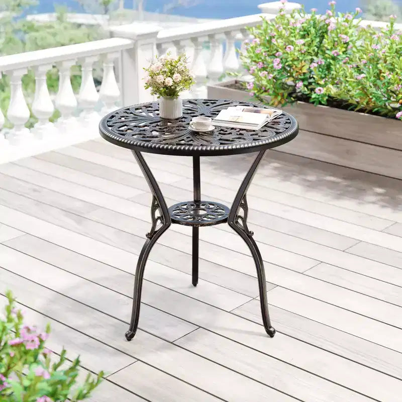 Tavolo da pranzo da esterno in alluminio pressofuso resistente alle intemperie, rotondo 23", con foro per ombrellone, design antico, facile montaggio