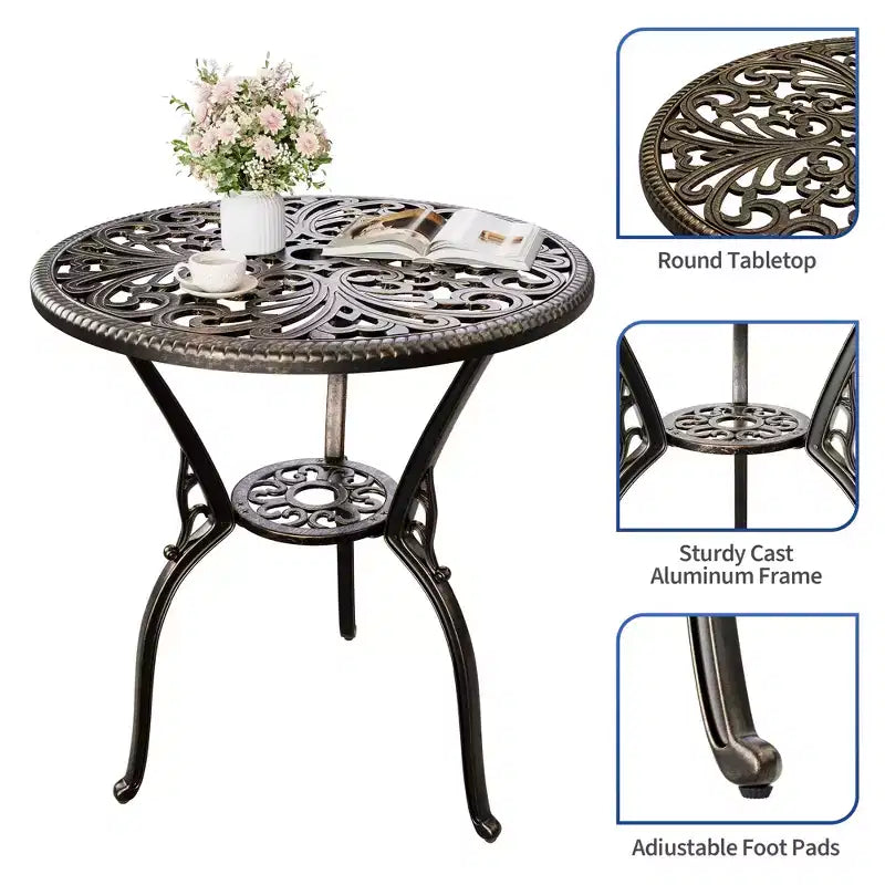 Tavolo da pranzo da esterno in alluminio pressofuso resistente alle intemperie, rotondo 23", con foro per ombrellone, design antico, facile montaggio