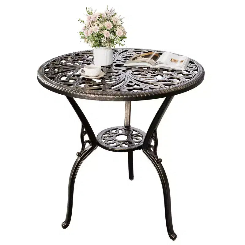 Tavolo da pranzo da esterno in alluminio pressofuso resistente alle intemperie, rotondo 23", con foro per ombrellone, design antico, facile montaggio
