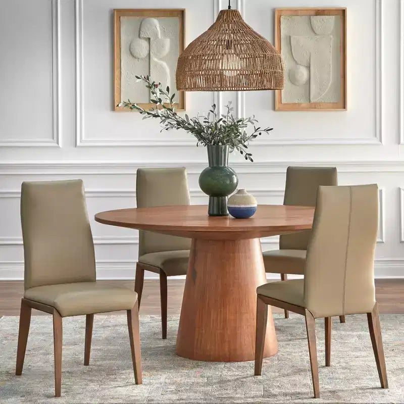 Set da pranzo moderno Nelda 5 pezzi 150 cm con tavolo rotondo color legno invecchiato e sedie da pranzo in pelle color tortora