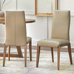 Set da pranzo moderno Nelda 5 pezzi 150 cm con tavolo rotondo color legno invecchiato e sedie da pranzo in pelle color tortora