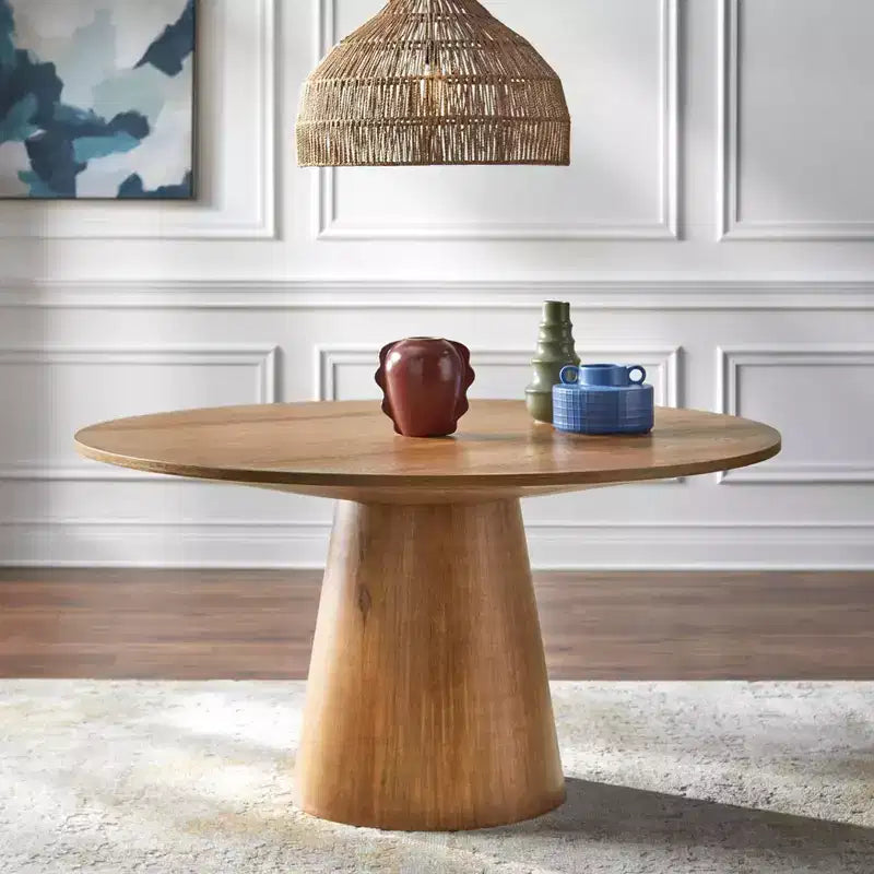 Set da pranzo moderno Nelda 5 pezzi 150 cm con tavolo rotondo color legno invecchiato e sedie da pranzo in pelle color tortora